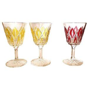 Vintage VMC Reims French Harlequin Crystal Wine Glasses Set of 3, 1 Red 2 Yellow